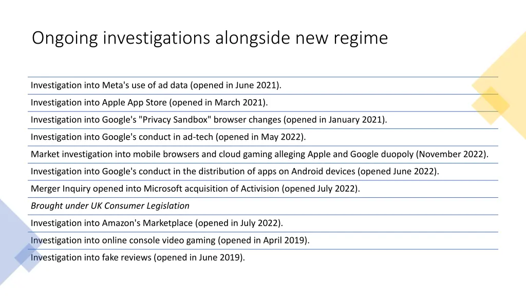 ongoing investigations alongside new regime