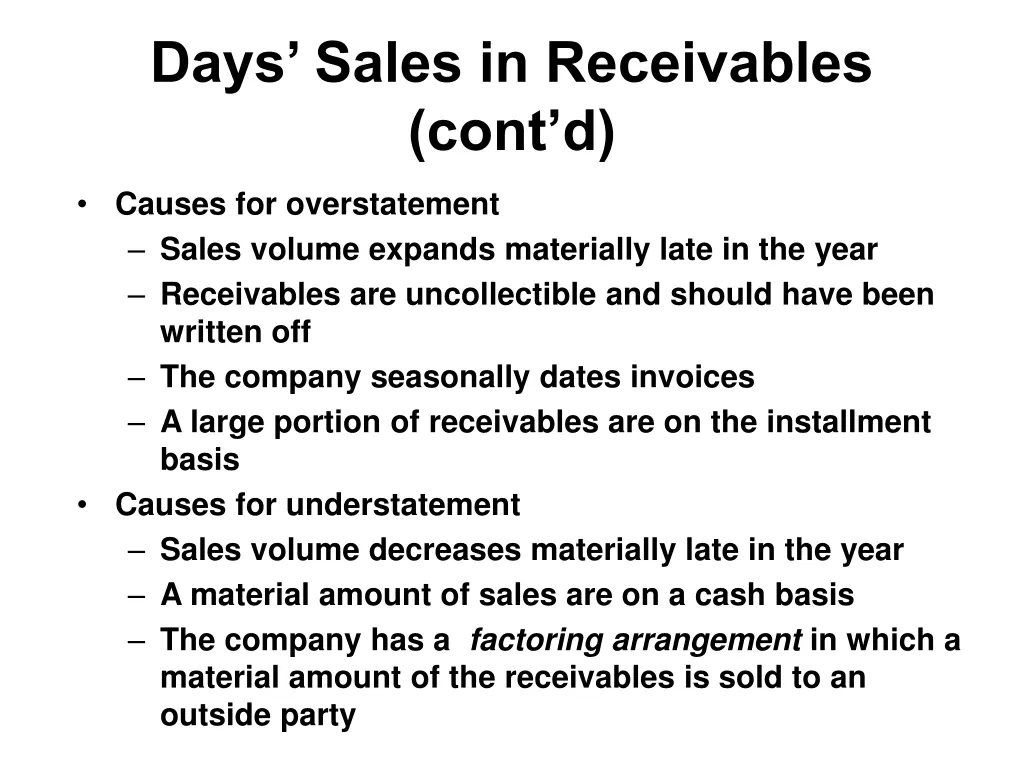 days sales in receivables cont d