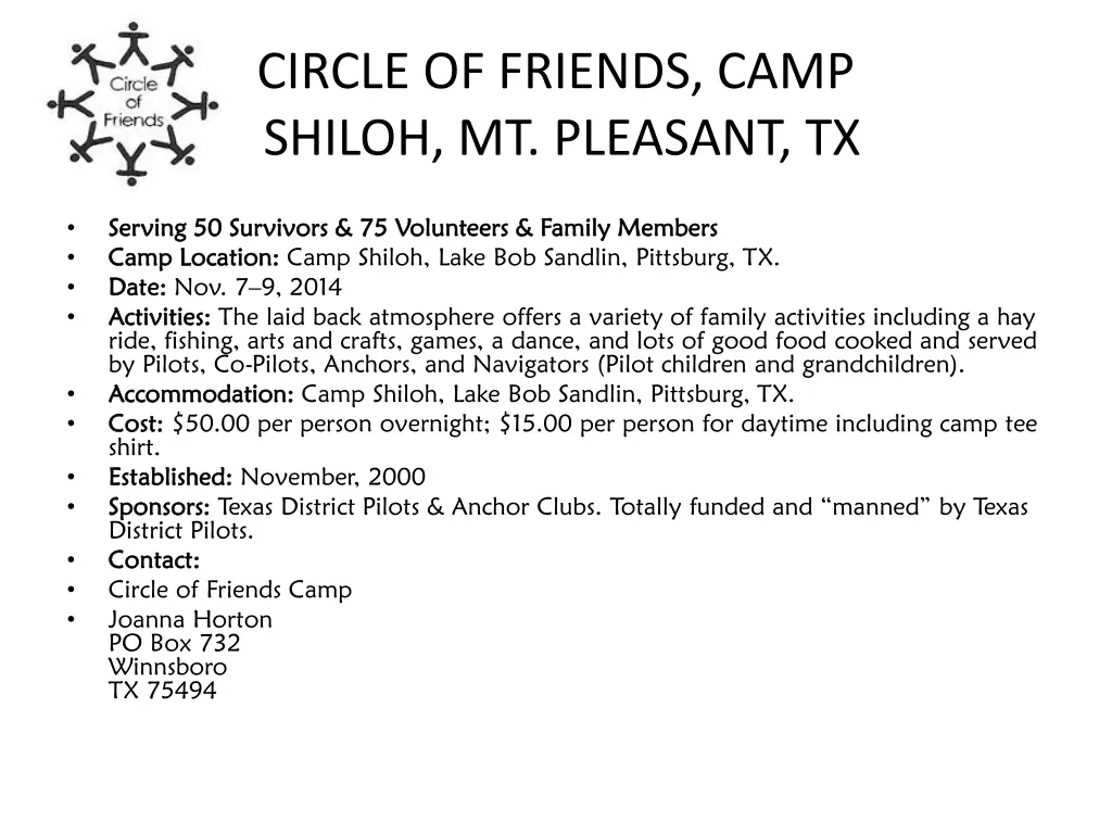 circle of friends camp shiloh mt pleasant tx