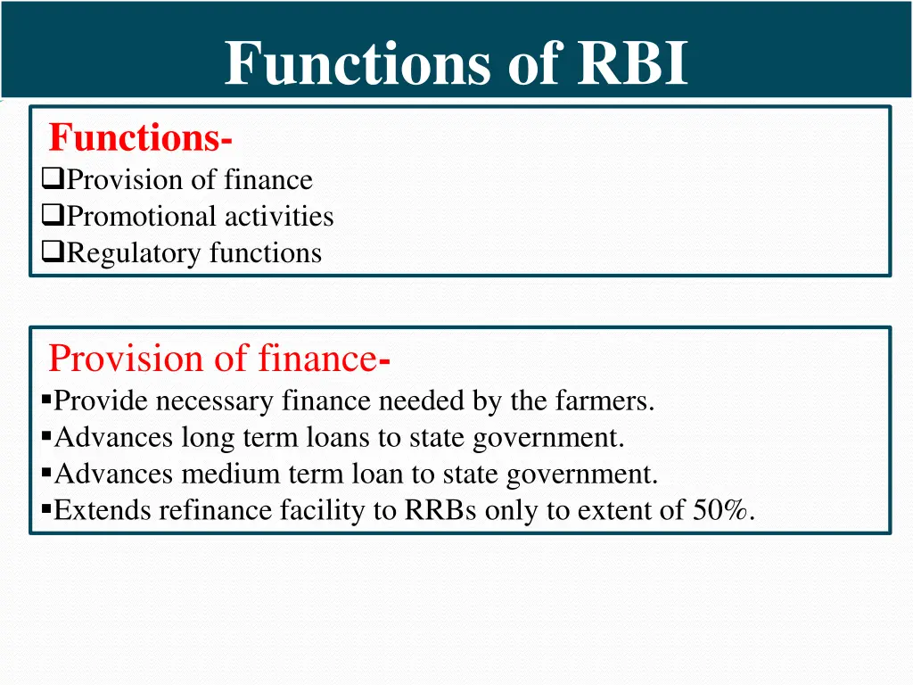 functions of rbi functions provision of finance