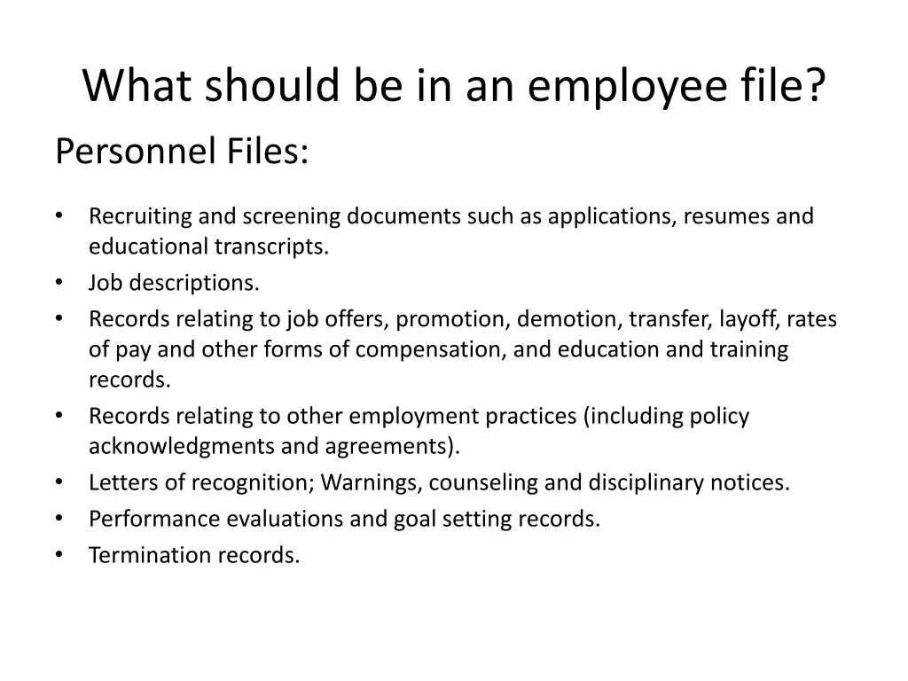 what should be in an employee file personnel files