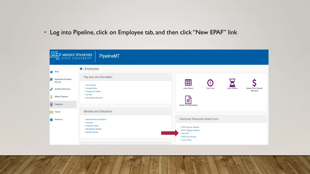 log into pipeline click on employee tab and then