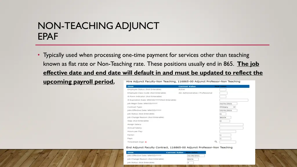 non teaching adjunct epaf