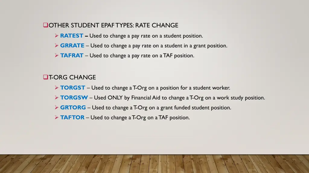 other student epaf types rate change
