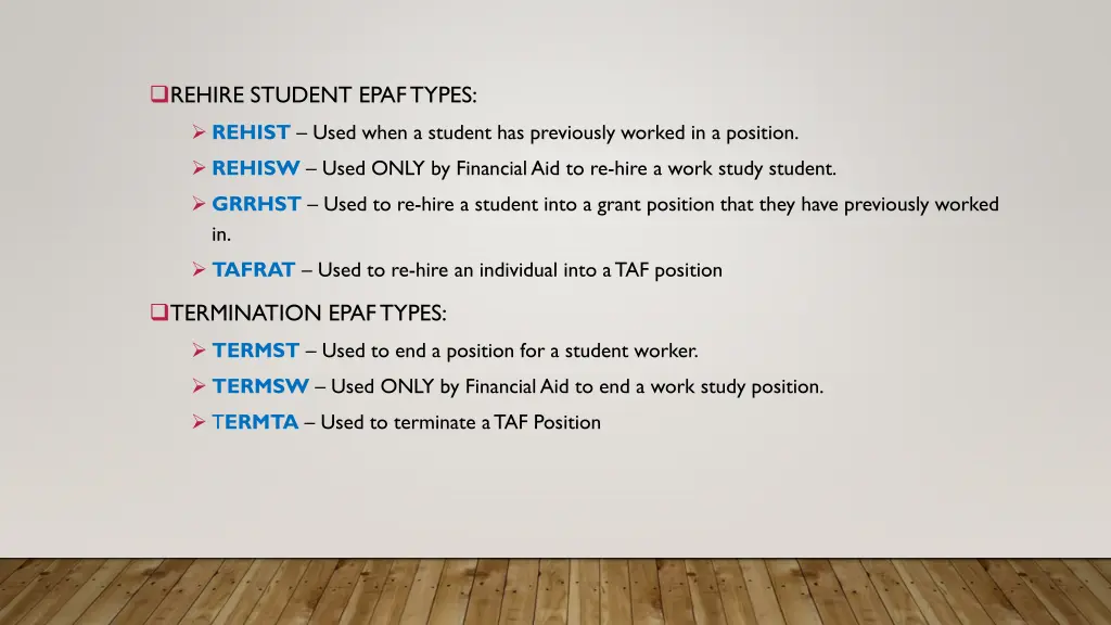 rehire student epaf types