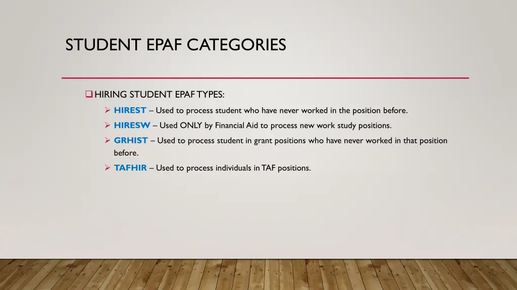 student epaf categories