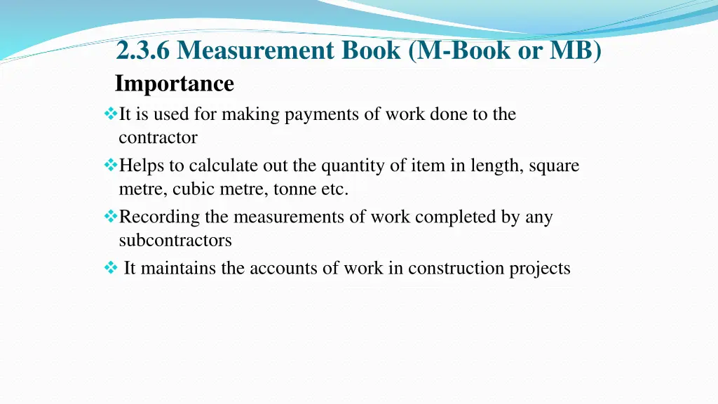 2 3 6 measurement book m book or mb importance