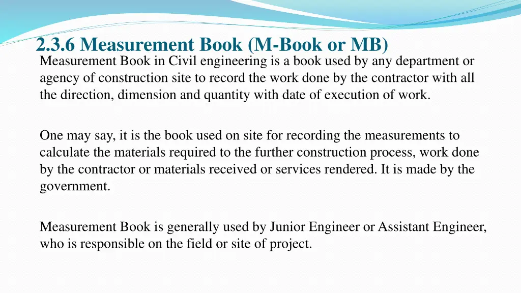 2 3 6 measurement book m book or mb measurement
