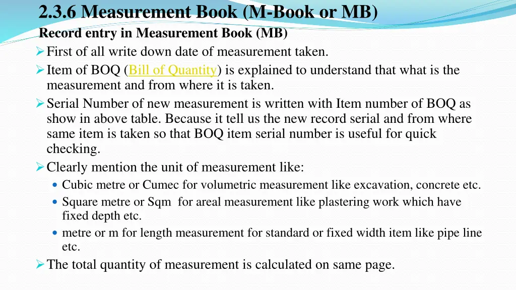 2 3 6 measurement book m book or mb record entry