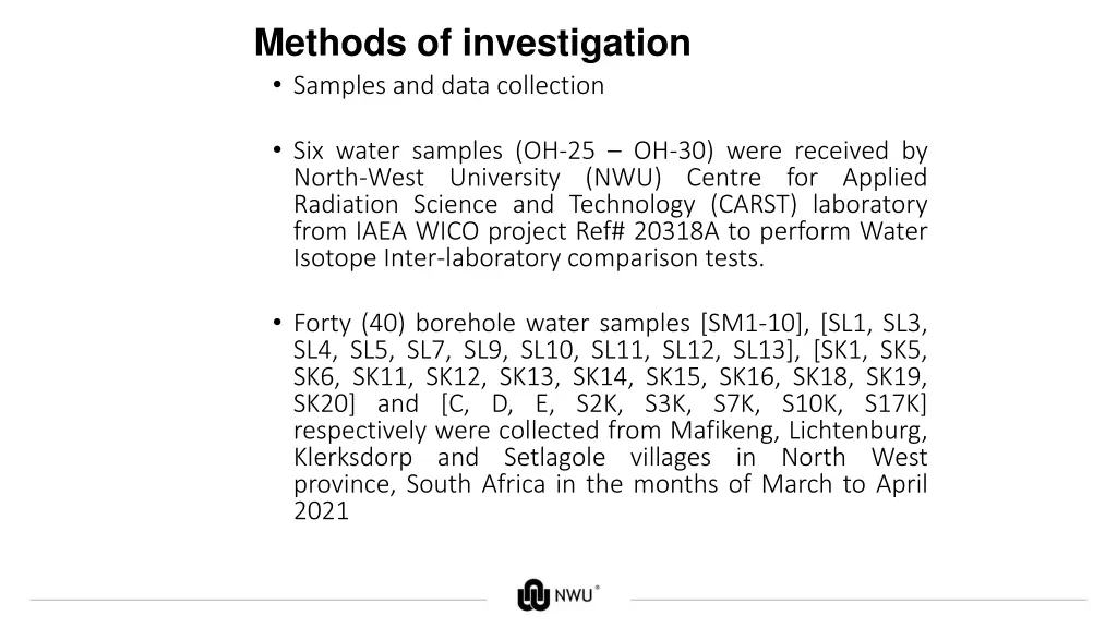 methods of investigation samples and data