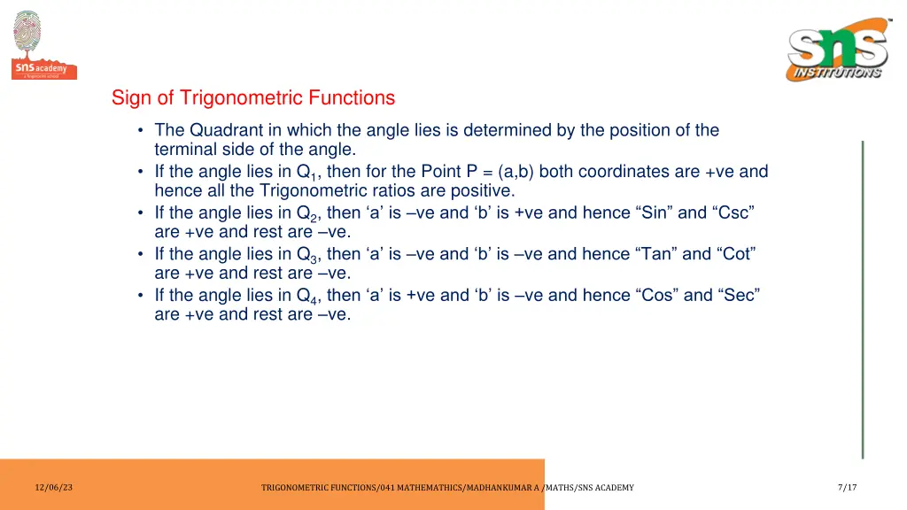 sign of trigonometric functions