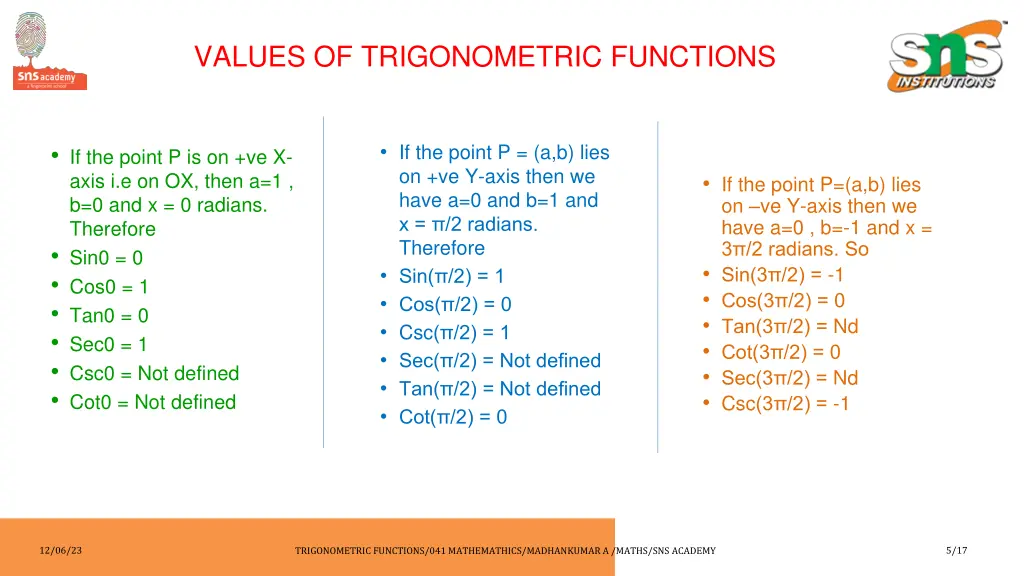 values of trigonometric functions