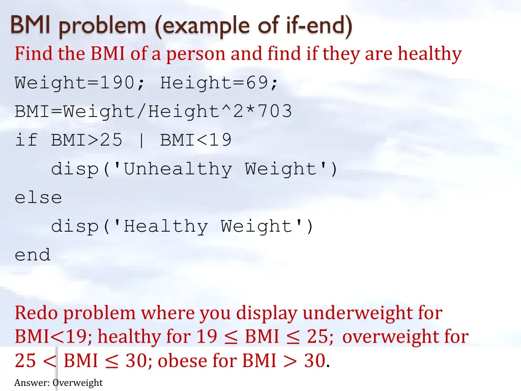 bmi problem example of if end find