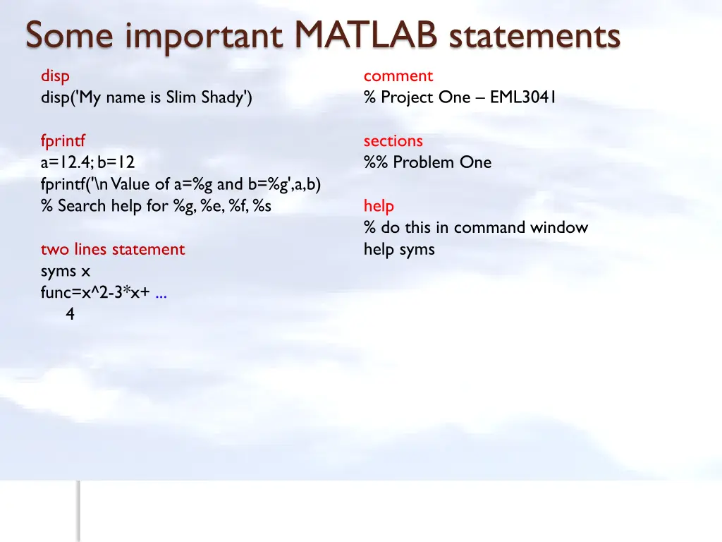 some important matlab statements disp disp