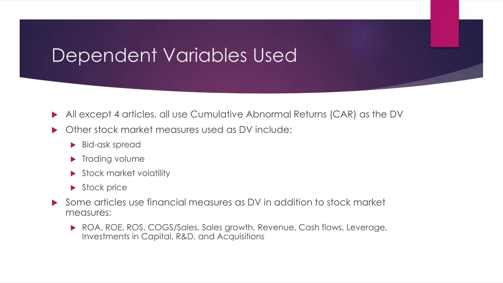 dependent variables used