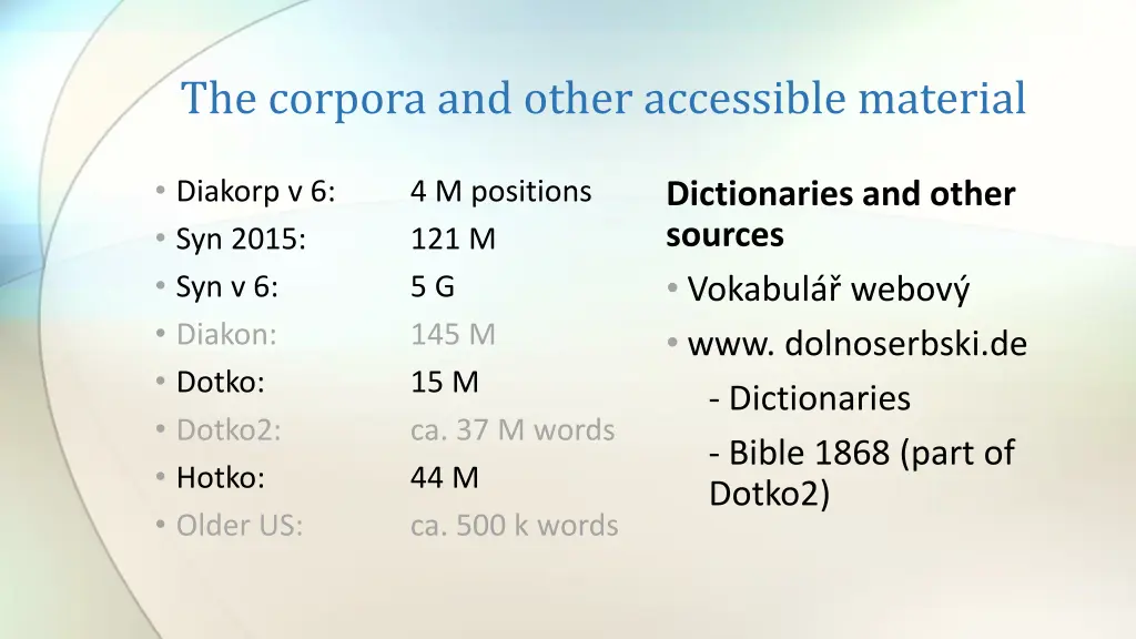 the corpora and other accessible material