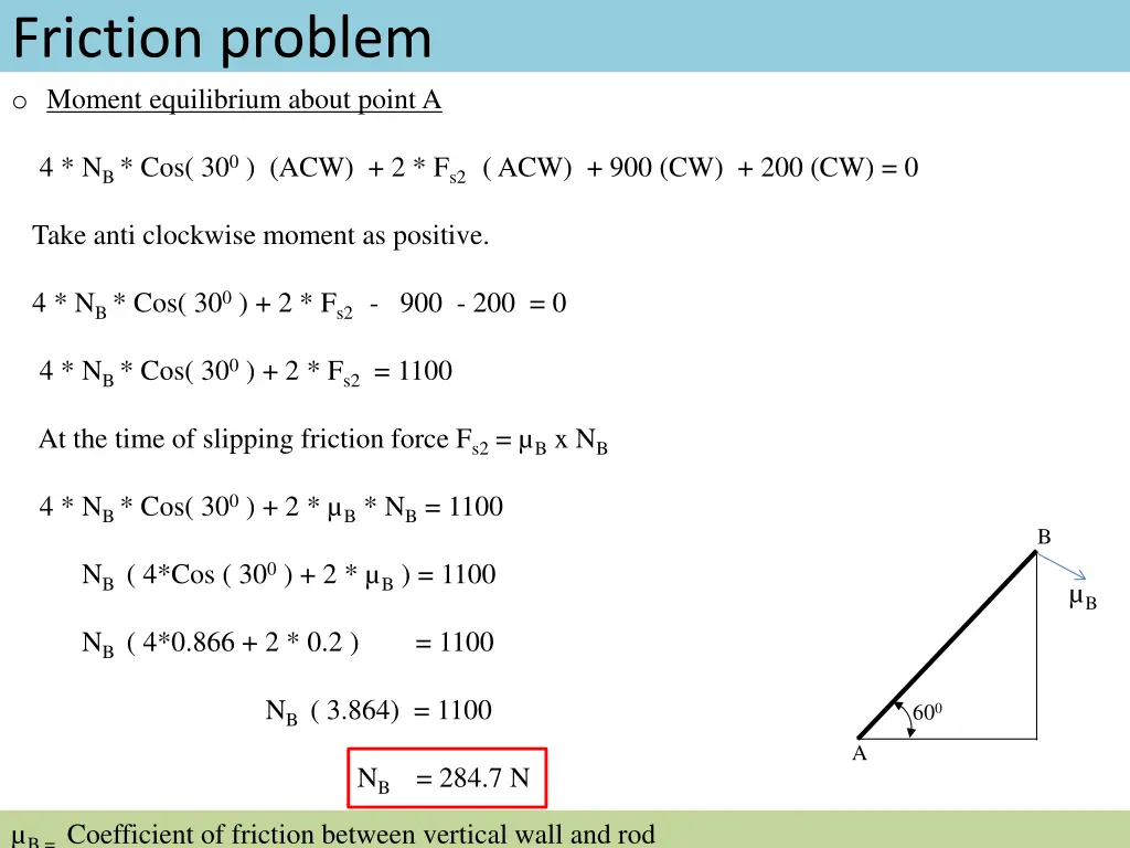 friction problem o moment equilibrium about point