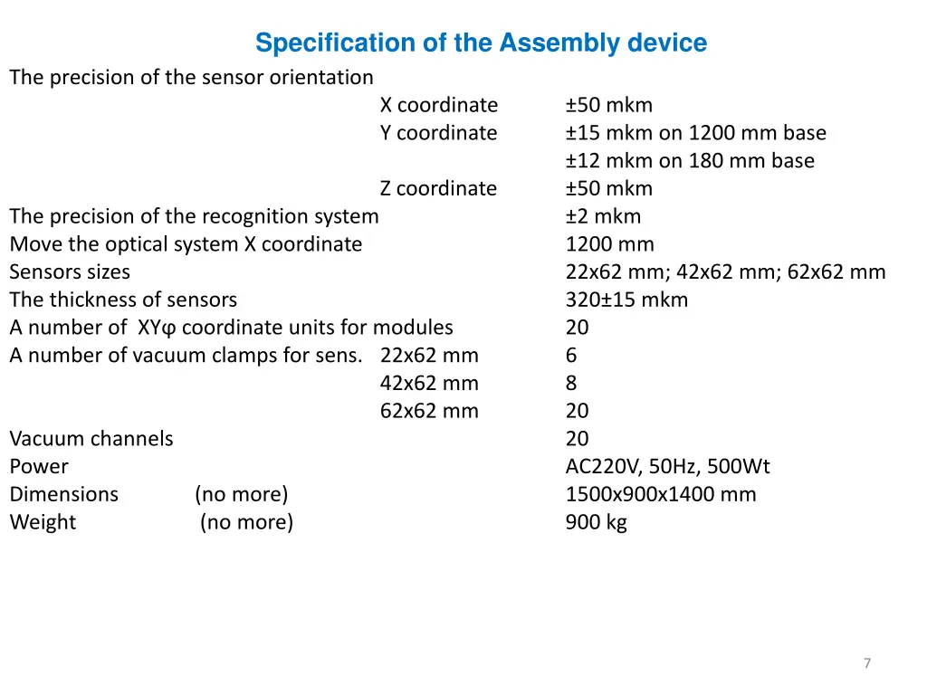 specification of the assembly device