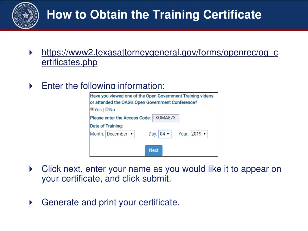 how to obtain the training certificate