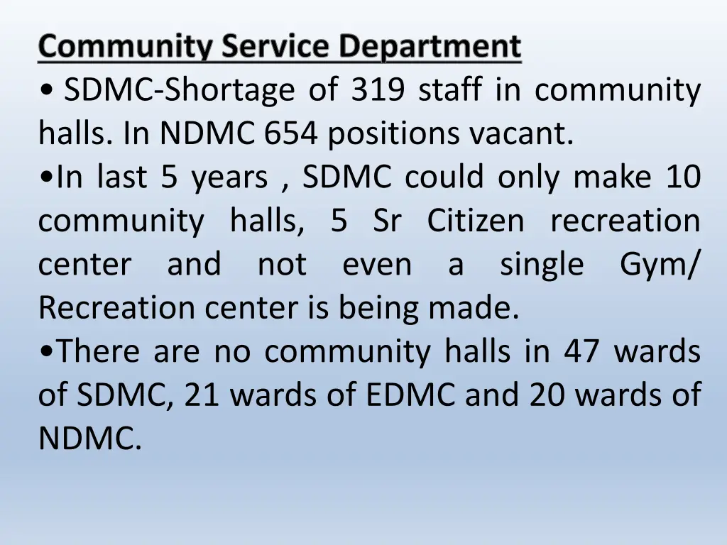 community service department sdmc shortage