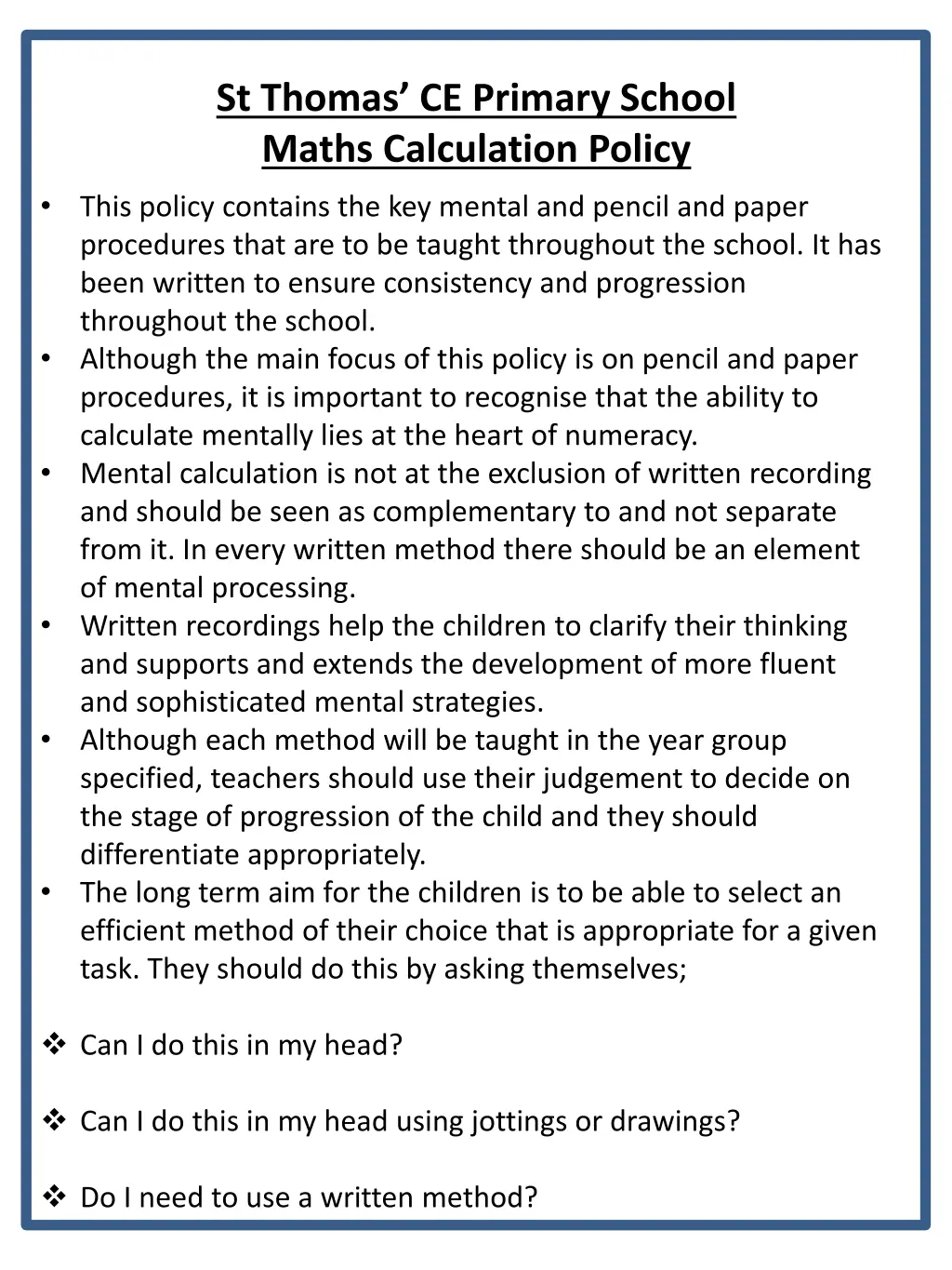 st thomas ce primary school maths calculation