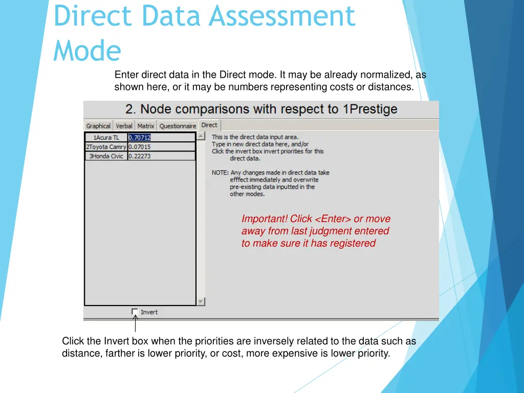 direct data assessment mode enter direct data