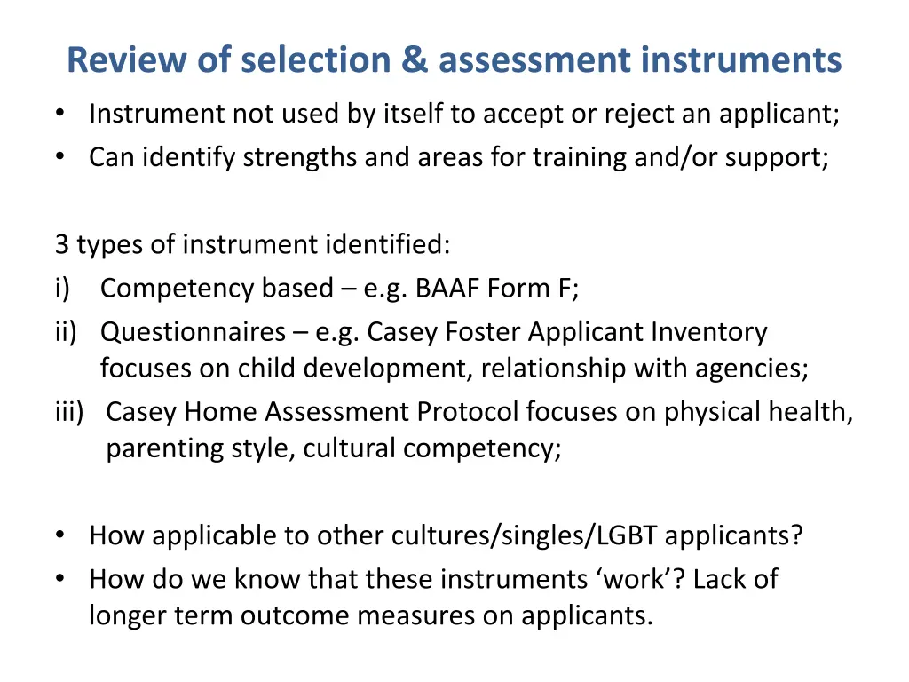 review of selection assessment instruments