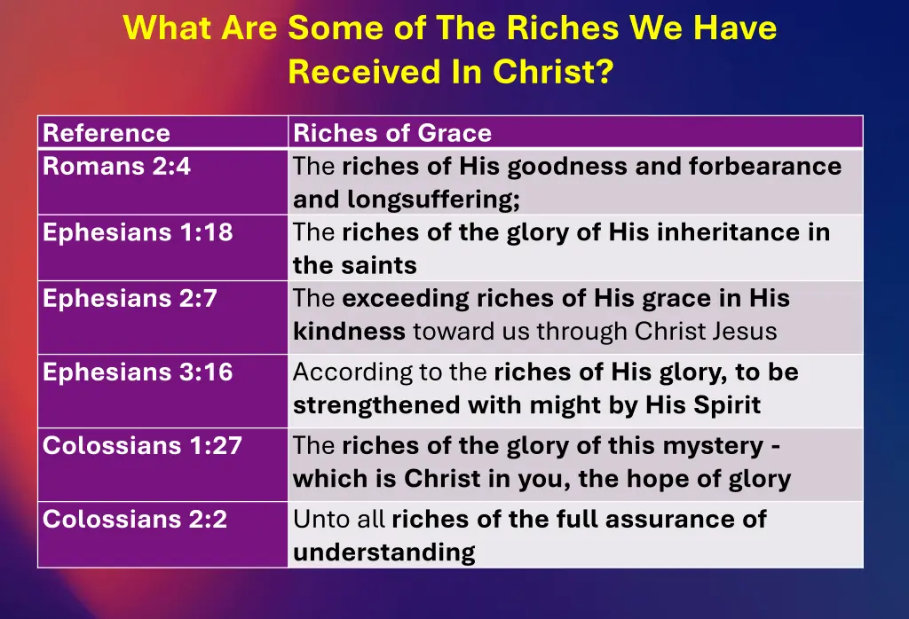 what are some of the riches we have received