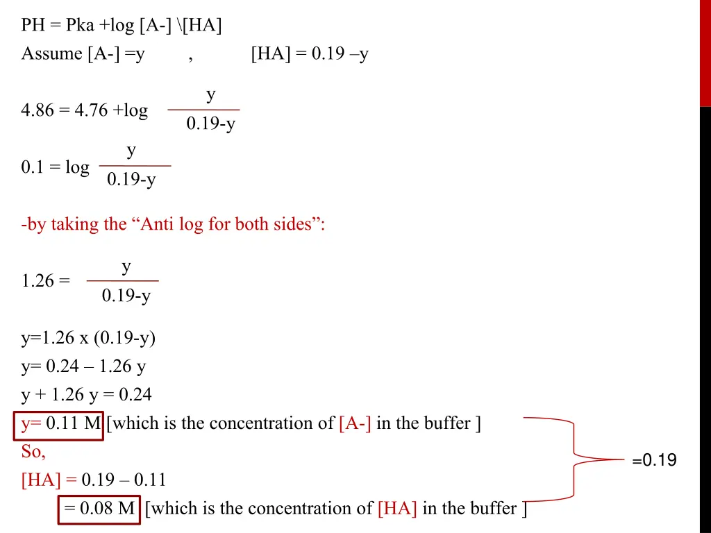 ph pka log a ha assume a y ha 0 19 y