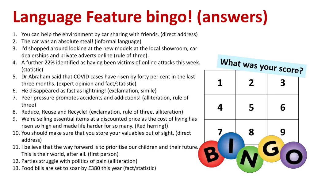 language feature bingo answers