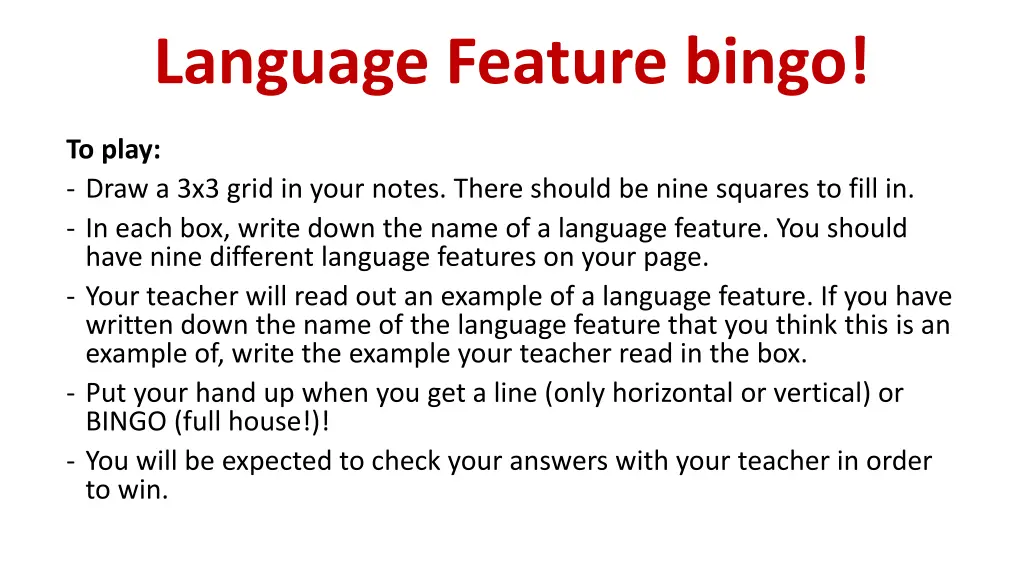 language feature bingo