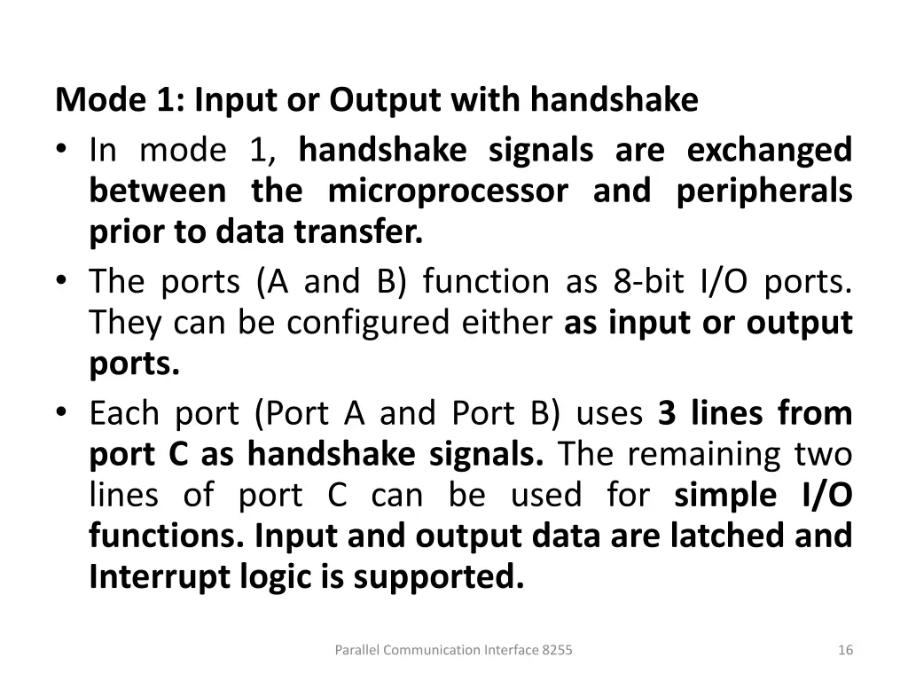 mode 1 input or output with handshake in mode