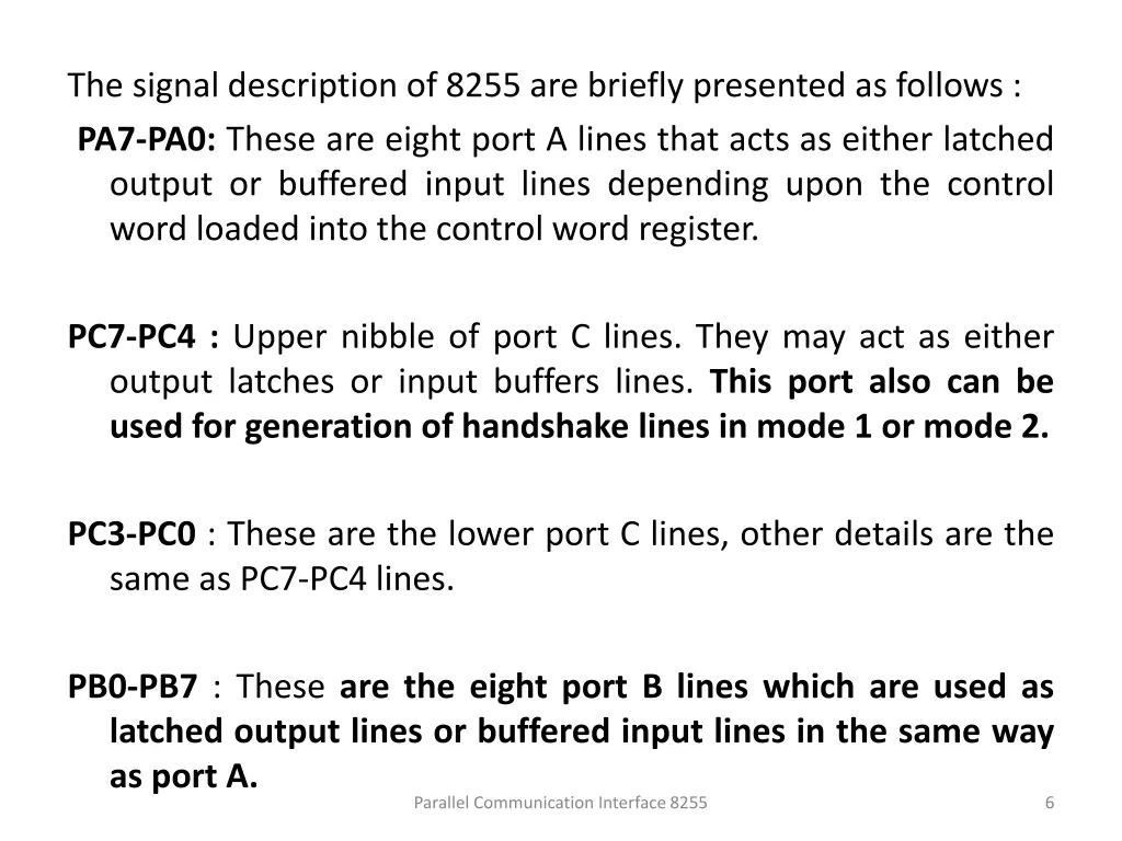 the signal description of 8255 are briefly