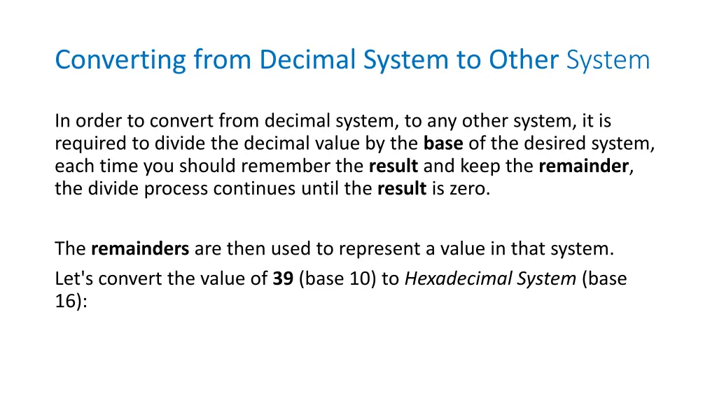 converting from decimal system to other system