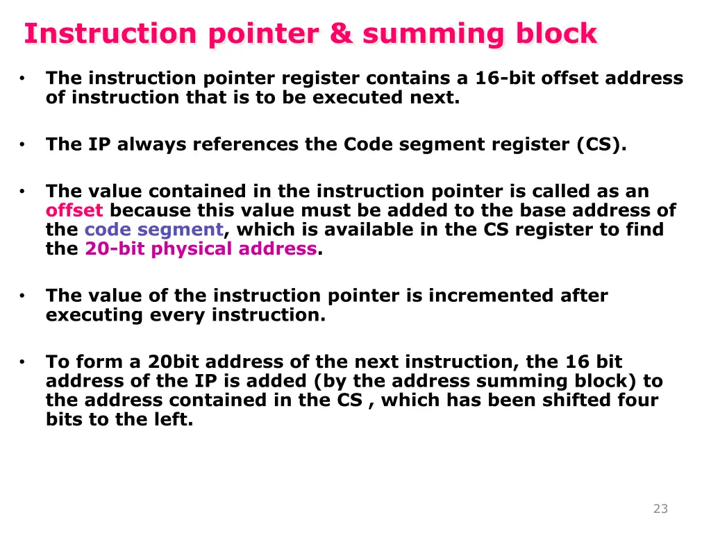 instruction pointer summing block