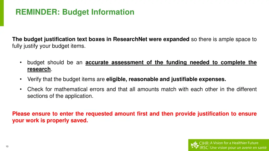 reminder budget information