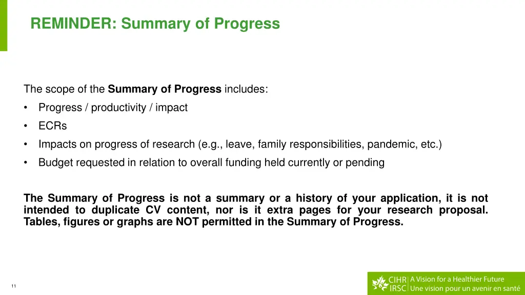 reminder summary of progress