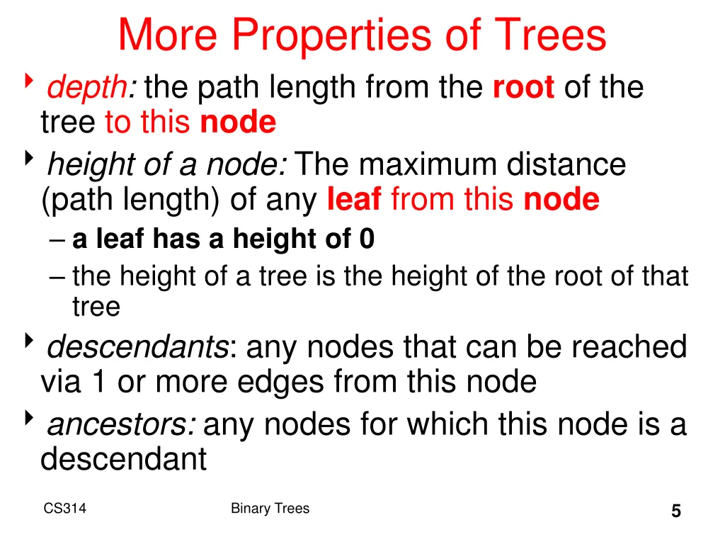 more properties of trees depth the path length