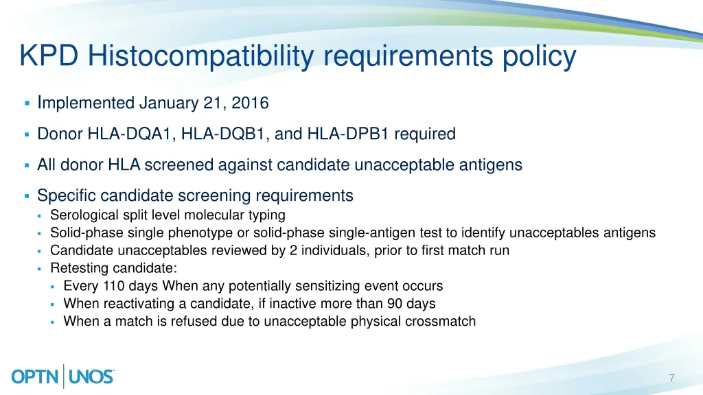 kpd histocompatibility requirements policy