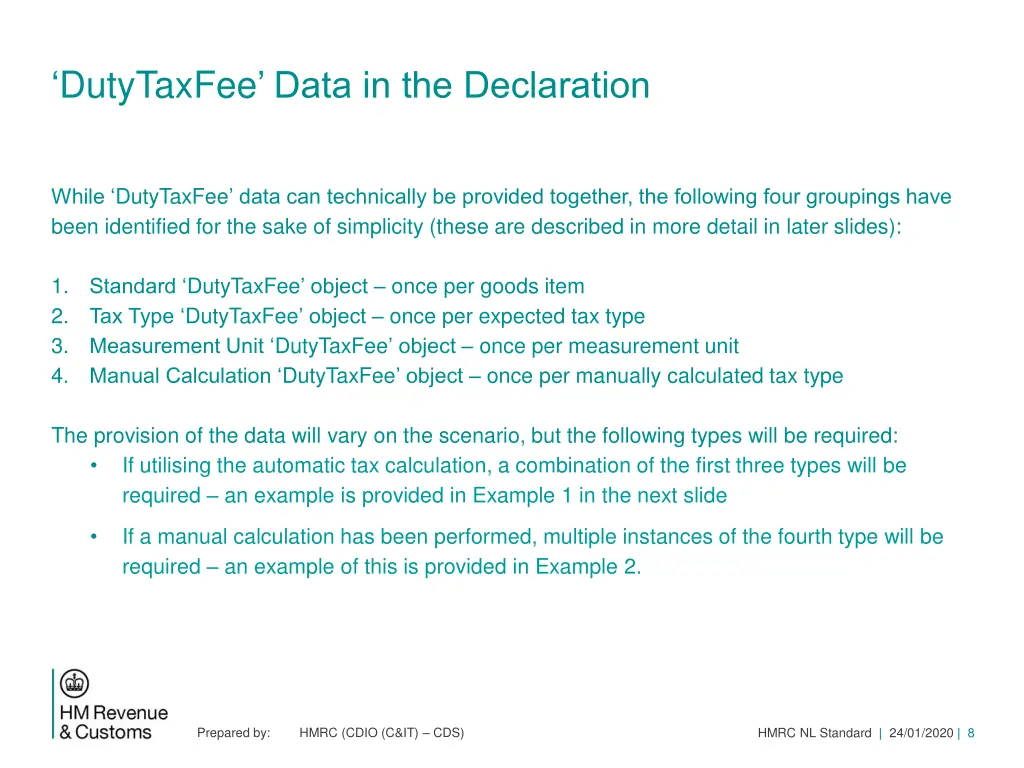 dutytaxfee data in the declaration