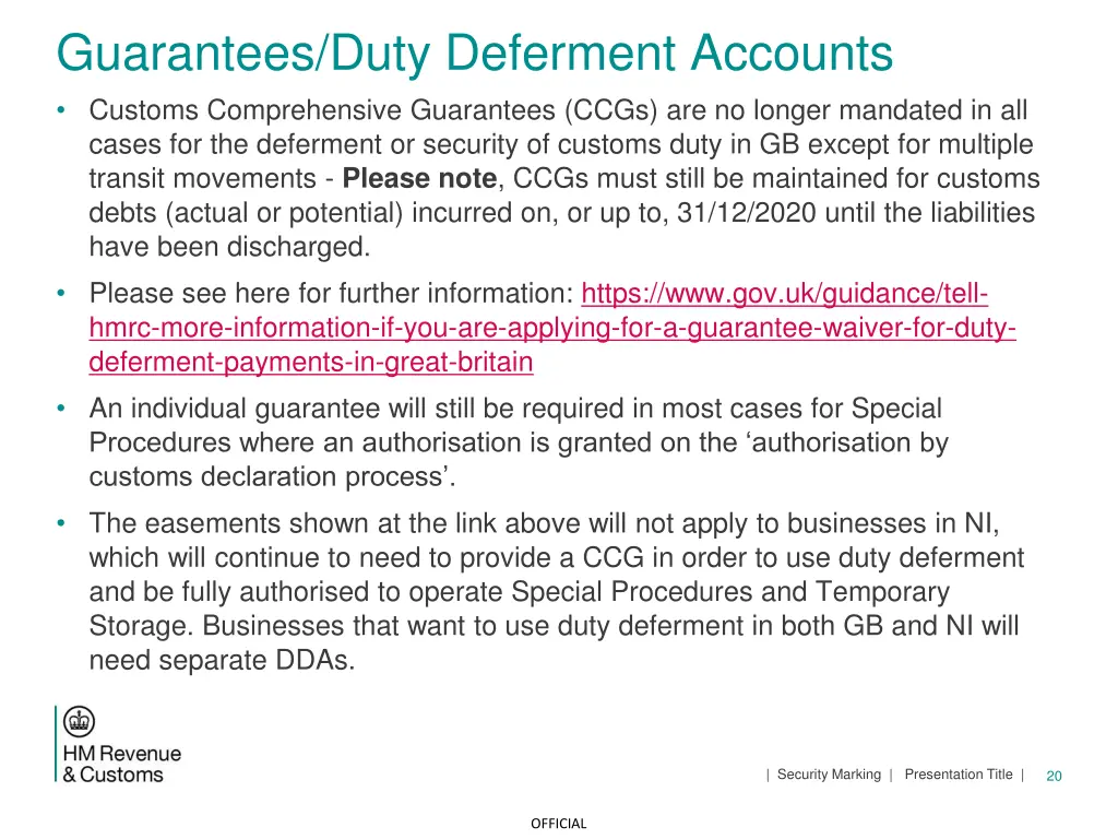 guarantees duty deferment accounts customs