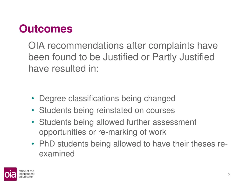 outcomes oia recommendations after complaints