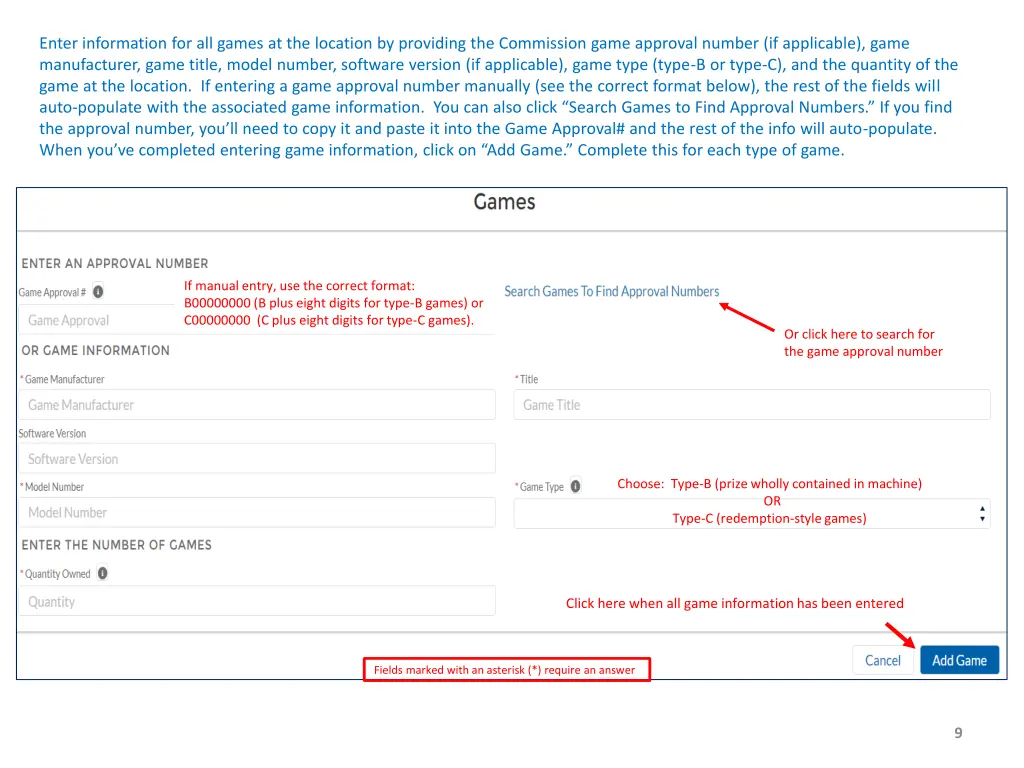 enter information for all games at the location