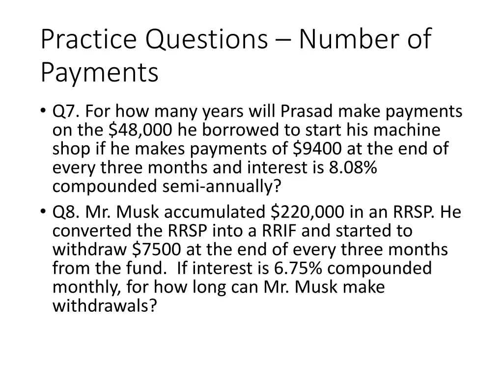 practice questions number of payments