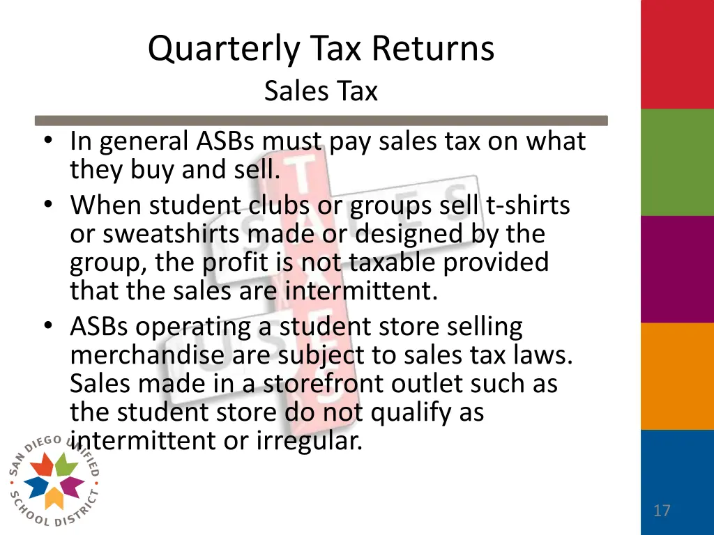 quarterly tax returns sales tax in general asbs