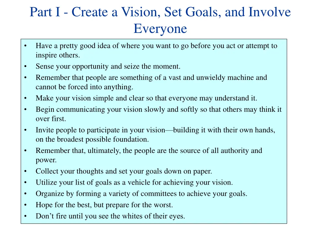 part i create a vision set goals and involve