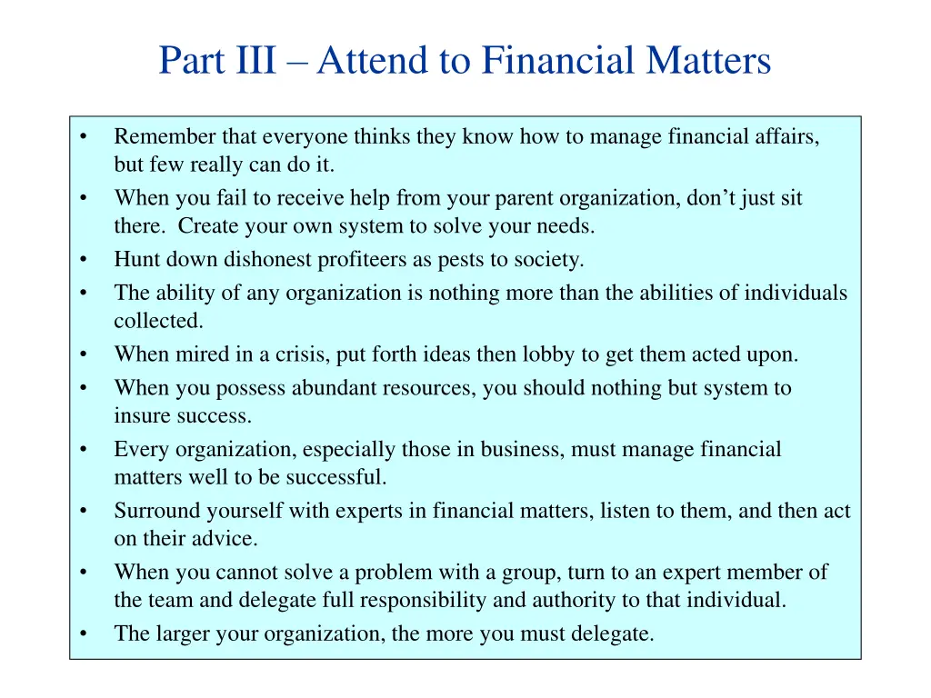 part iii attend to financial matters