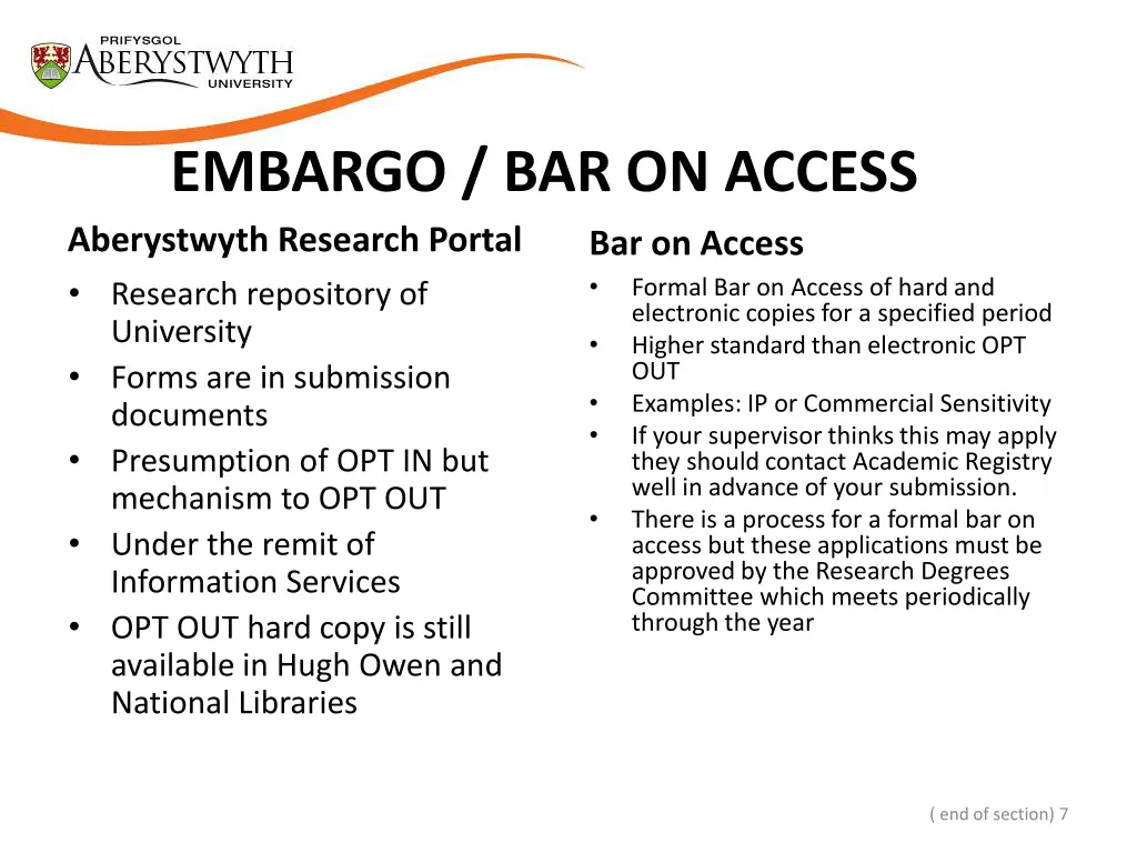 embargo bar on access aberystwyth research portal