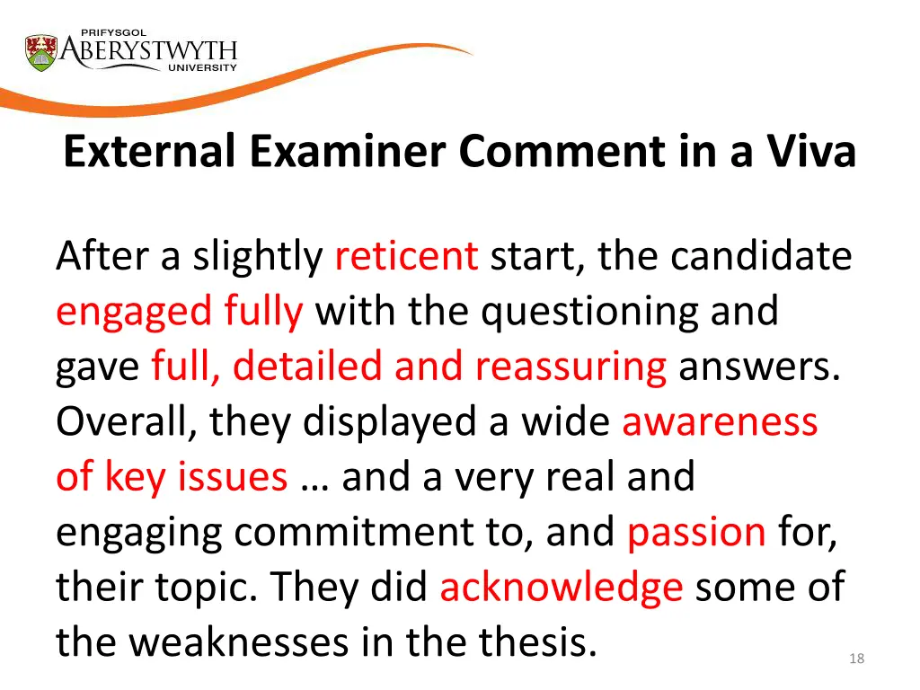 external examiner comment in a viva after