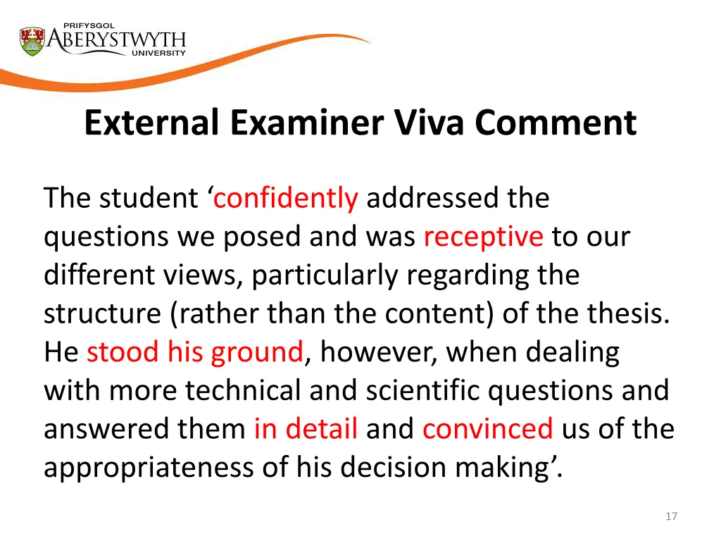 external examiner viva comment